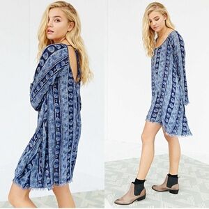 Somedays Lovin Blue Batik Print Lightweight Scoop Neck Mini Dress Raw Hem Boho
